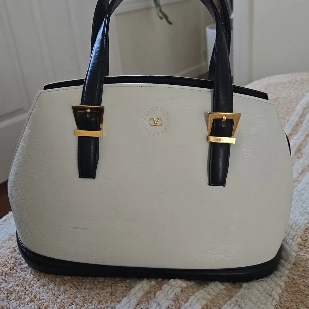 Valentino Garavani White and Black Satchel with Gold Hardware